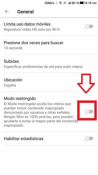 desactivar el modo restringido youtube en android