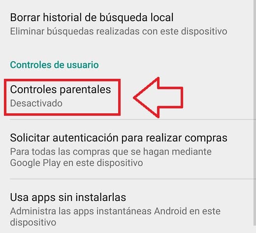 configurar el control parental en google play