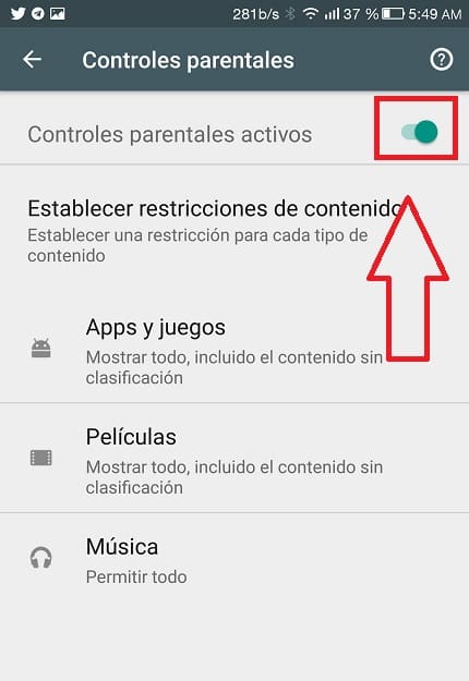 configurar el control parental en google play