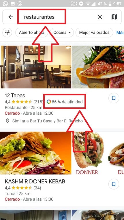 Nivel de afinidad de un restaurante en Google Maps