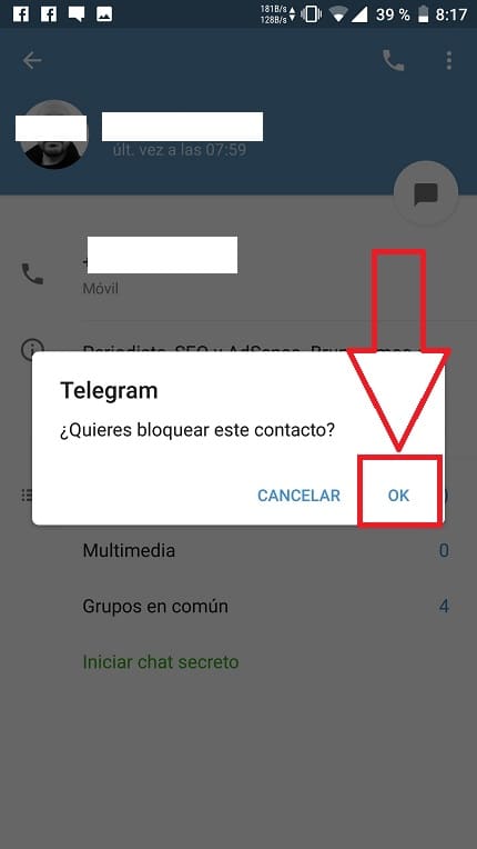 bloquear un contacto en telegram
