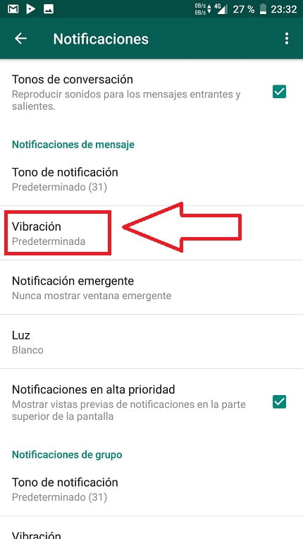 quitar vibración de notificaciones whatsapp.