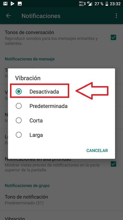 quitar vibración en mensajes whatsapp.