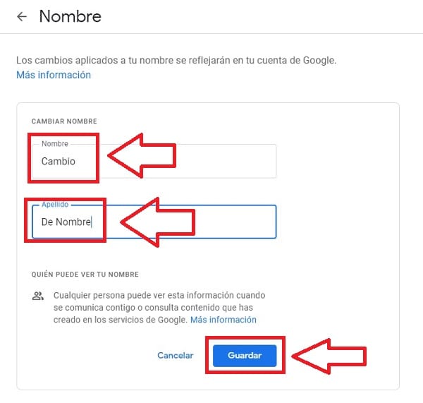 cambiar nombre email gmail