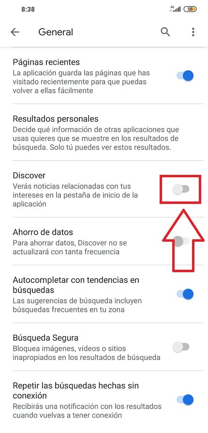 quitar discover android