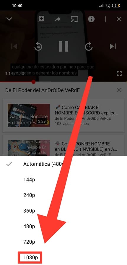poner calidad a 1080 youtube android.