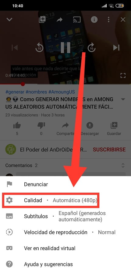 calidad a 1080 youtube android.