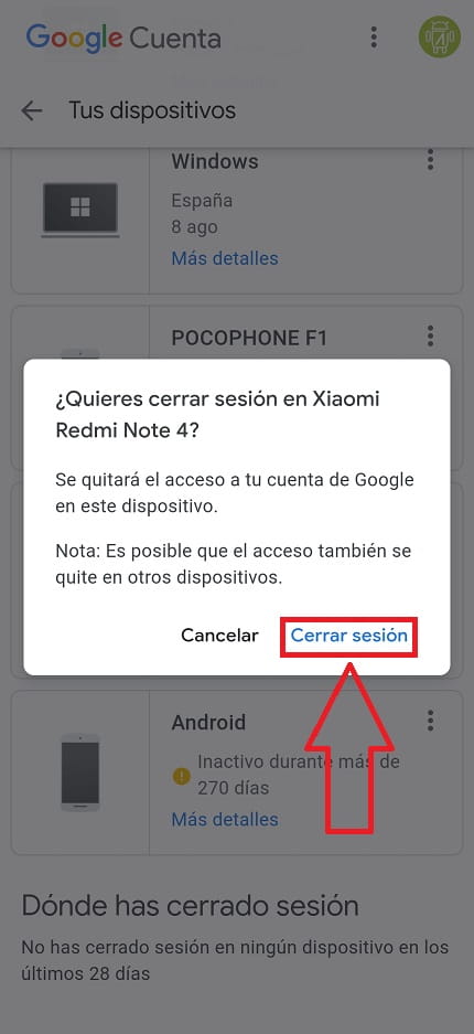 eliminar sesión de Gmail en un dispositivo.