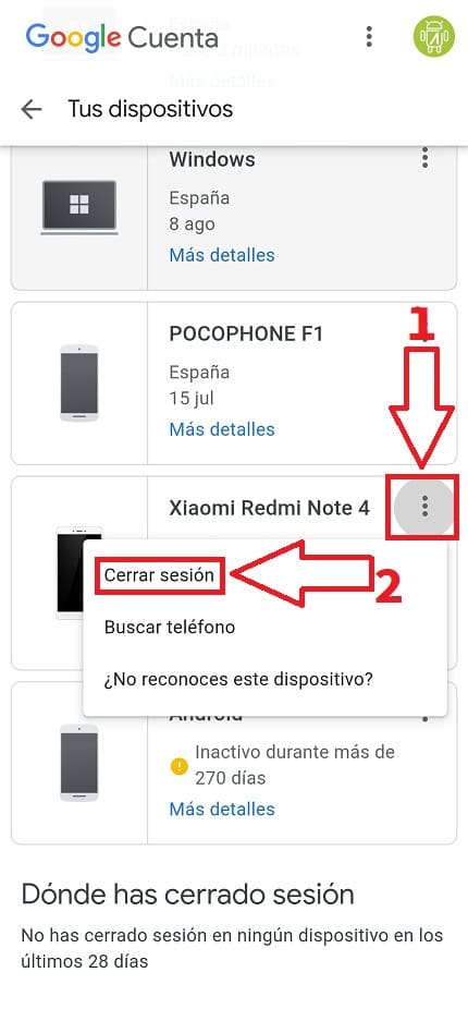 eliminar sesión de Google.