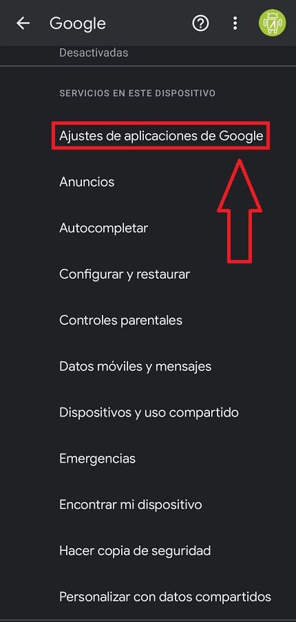 Ajustes apps Google.