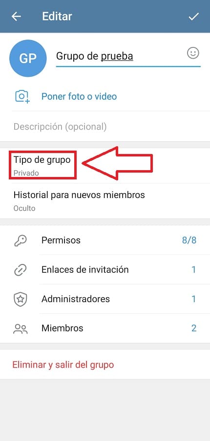 Telegram tipo de grupo privado.