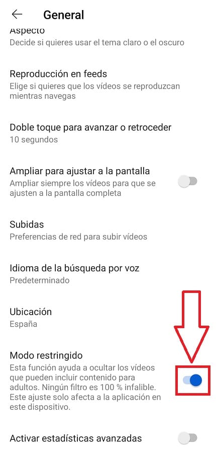 Activar modo restringido Youtube Móvil.