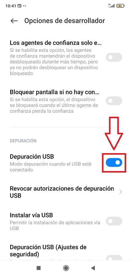 Activar modo depuración USB.