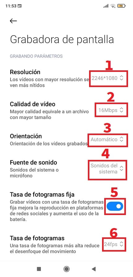 Ajustes grabador de pantalla xiaomi.