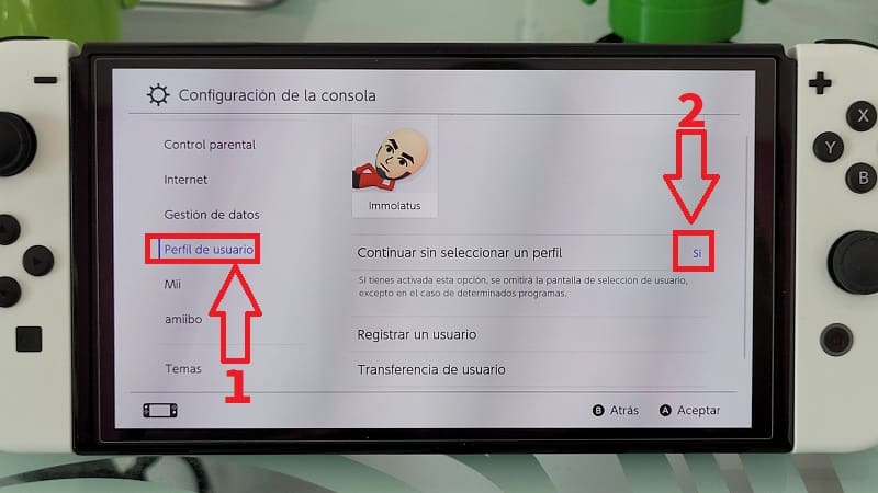 Continuar sin seleccionar un perfil Nintendo Switch.