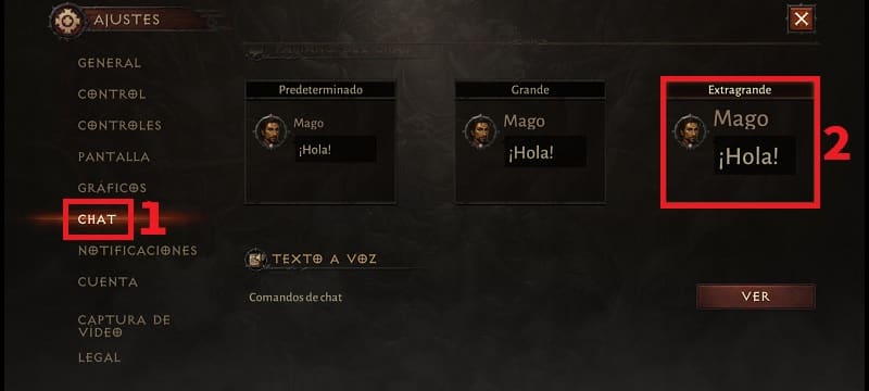 Agrandar las letras chat Diablo Immortal.