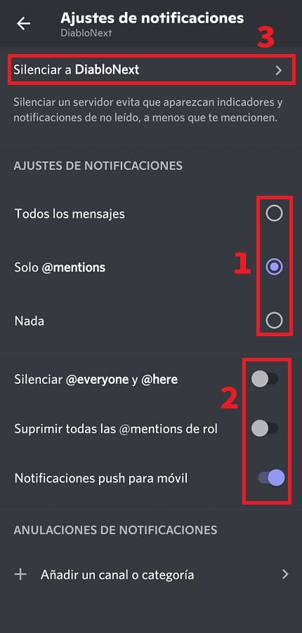 Ocultar notificaciones grupos Discord.