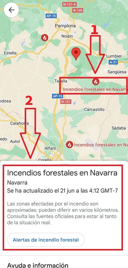 Ubicar incendios forestales con Google Maps.