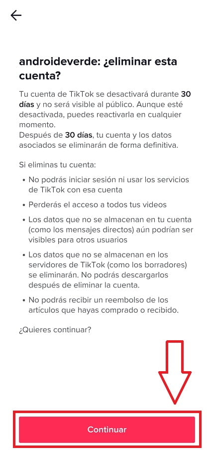 Eliminar cuenta de Tiktok de forma temporal.