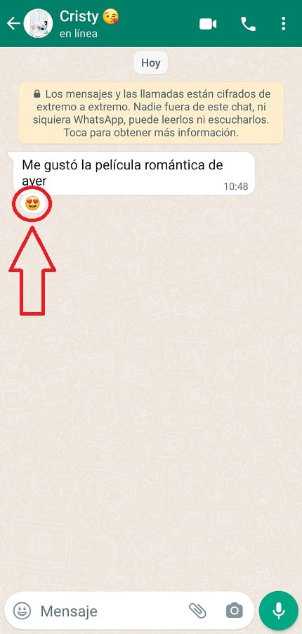 Reacción de mensaje de WhatsApp con un emoticono.