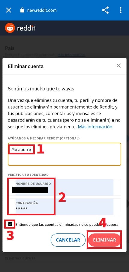 Eliminar una cuenta de reddit desde el celular.