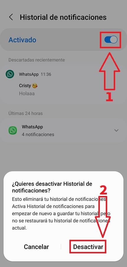 desactivar historial de notificaciones Samsung.