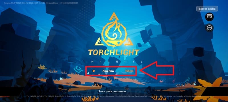 Elegir otro servidor Torchlight Infinite.