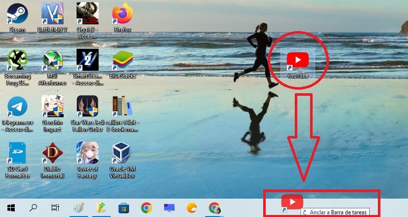 Youtube en la barra de tareas Windows 10.