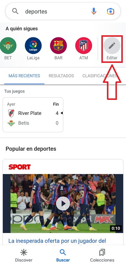 desactivar resultados deportivos google discover.