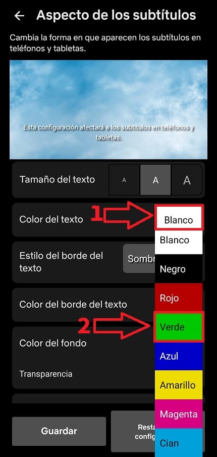 Elegir otro color en Subtítulos en Netflix.