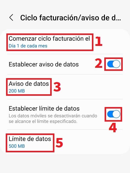 Configurar límite de datos móviles samsung.