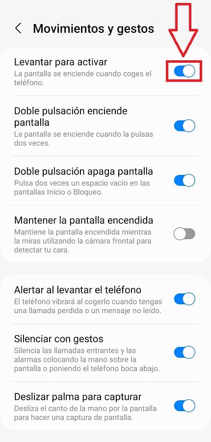 Activar levantar para activar Samsung.