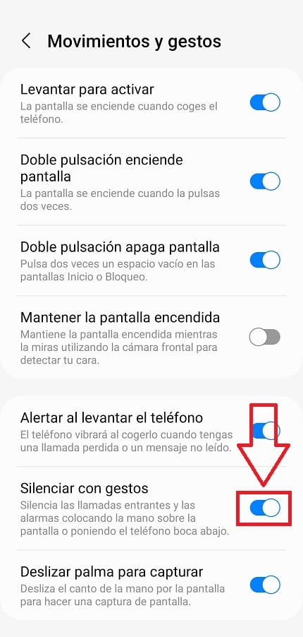 Habilitar silenciar con gestos Samsung.